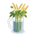 Wheat and hops in a glass of water illustration. Brewing ingredients in a clear cup, fresh natural elements