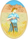 Wheat Organic Farmer Scythe Oval Drawing