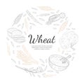 Wheat Organic Product Banner Template, Agricultural Plants and Baked Products of Round Shape, Bakeshop, Cafe, Packaging