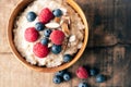 Wheat porridge with almonds, blue and red berries on top.