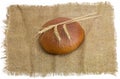 Wheat rye bread and three wheat spikes on a sackcloth Royalty Free Stock Photo