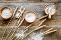 Wheat and rye ear for flour production on wooden desk background top view Royalty Free Stock Photo