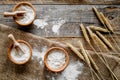 Wheat and rye ear for flour production on wooden desk background top view Royalty Free Stock Photo