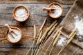 Wheat and rye ear for flour production on wooden desk background top view Royalty Free Stock Photo