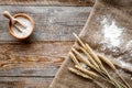 Wheat and rye ear for flour production on wooden desk background top view mockup Royalty Free Stock Photo