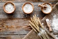 Wheat and rye ear for flour production on wooden desk background top view space for text Royalty Free Stock Photo