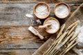 Wheat and rye ear for flour production on wooden desk background top view space for text Royalty Free Stock Photo