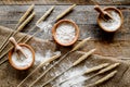 Wheat and rye ear for flour production on wooden desk background top view Royalty Free Stock Photo