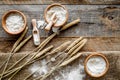 Wheat and rye ear for flour production on wooden desk background top view Royalty Free Stock Photo