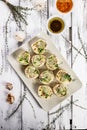 Wheat sandwich rolls with chicken, cheese, cucumber, fresh herbs and salad. Tortilla deli wrap rolls with chicken ham Royalty Free Stock Photo