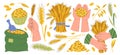 Wheat grain, spikelets ears, stalks, bag sacks elements and human hands vector illustration