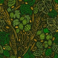 Wheat seed, hop. Vector doodle seamless pattern