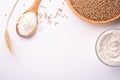 Wheat seeds grains in wooden bowl, wheat flour in glass bowl, near with flour in spoon spatula with heap of grains, ear of wheat Royalty Free Stock Photo