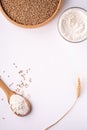 Wheat seeds grains in wooden bowl, wheat flour in glass bowl, near with flour in spoon spatula with heap of grains, ear of wheat Royalty Free Stock Photo