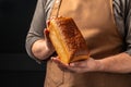 Wheat square bread in hands, domestic cozy bakery pastry. Healthy food concept. place for text