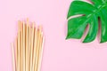Wheat straw for drinking water with green leaves on pink background Royalty Free Stock Photo
