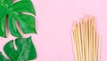 Wheat straw for drinking water with green leaves on pink background Royalty Free Stock Photo