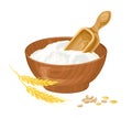 Wheat white flour in a wooden bowl, spoon and golden ears isolated. Royalty Free Stock Photo