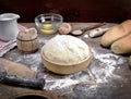 Wheat yeast dough in a wooden bowl on a table Royalty Free Stock Photo