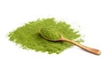 Wheatgrass or barley grass powder in wooden spoon isolated on white Royalty Free Stock Photo