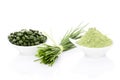 Wheatgrass, chlorella and spirulina. Royalty Free Stock Photo