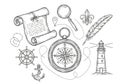 Wheel, anchor, and lighthouse. The compass takes center stage Royalty Free Stock Photo
