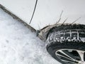The wheel arch of the car is clogged with ice and snow