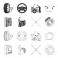 Wheel balancing, spanner and brake disc outline,monochrome icons in set collection for design.Car maintenance station Royalty Free Stock Photo