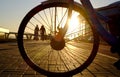 A wheel of bicycle in the evening, the sunset light, winter time, in Saint-Petersbug, Russia