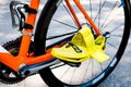 Wheel of the bicycle,orange frame,yellow cycling