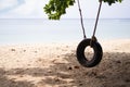 Wheel Car Swing under Branch Tree on Sand Beach Blur Blue Sea and Blue Sky