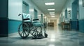 Wheel chair in a modern clinic created with Generative AI. Equipment for healtcare in a hospital.