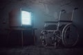 Wheel chair and vintage tv set. Depressive life of a lonely disabled person in a nursing home concept