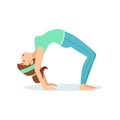 Wheel Chakrasana Yoga Pose Demonstrated By The Girl Cartoon Yogi With Ponytail In Blue Sportive Clothing Vector