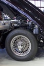 Wheel detail of a Jaguar during the vintage and classic car exhibition, ClassicMadrid, in Madrid, Spain Royalty Free Stock Photo