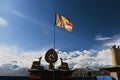 The wheel of dharma and double deer with tibetan flag Royalty Free Stock Photo