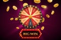 Wheel of fortune with big win banner, bright casino background with falling coins