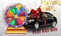Wheel of fortune 3d object isolated on white background with the main prize the car tied with a ribbon with a red bow Royalty Free Stock Photo