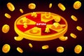 Wheel of fortune with icons for the casino. Vector Background with explosion coins