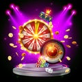 The Wheel of fortune, roulette, slot machine, illuminated by searchlights, on the podium surrounded by flying coins and playing Royalty Free Stock Photo