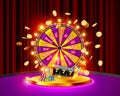 The Wheel of fortune, roulette, slot machine, illuminated by searchlights, on the podium surrounded by flying coins and playing Royalty Free Stock Photo