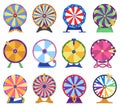 Wheel fortune set. Roulette game wheels with sections, flat icons. Spin lucky wheels, casino, money game symbols Royalty Free Stock Photo