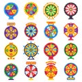 Wheel of fortune. Turning lucky spin game wheels, spinning money roulette isolated flat vector set Royalty Free Stock Photo