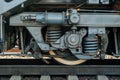 Wheel and fragment of truck frame of modern locomotive Royalty Free Stock Photo