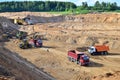 Wheel front-end loader loads sand into a dump truck. Heavy machinery in the mining quarry, excavators and trucks.