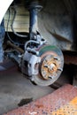 The wheel hub of the car with removed the wheel for brake and tire maintenance, the car jack lifting the car for service