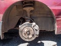 Wheel hub nut, brake discs and calipers of the brake system, auto repair, wheel disassembly for access to amortizators and interna