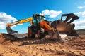 Wheel loader excavator with field background during earthmoving work, construction building Royalty Free Stock Photo