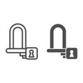 Wheel lock line and solid icon, bicycle accessories concept, padlock for wheels sign on white background, Bike lock icon