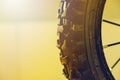 Wheel mountain bike bicycle detail in sunny day Royalty Free Stock Photo